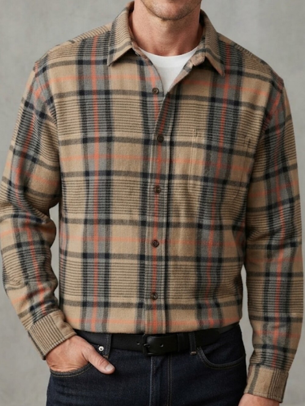 Geoffrey Beene Plaid Flannel Button Down Shirt 100% Cotton Tan Orange Size Large